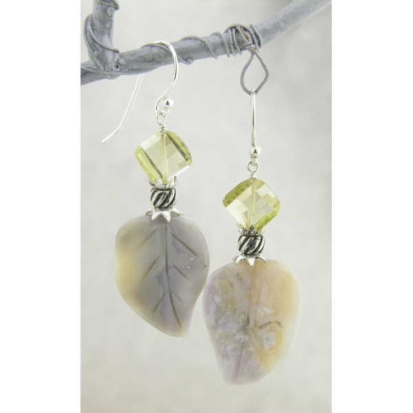 Handmade earrings yellow grey lemon quartz agate leaves sterling