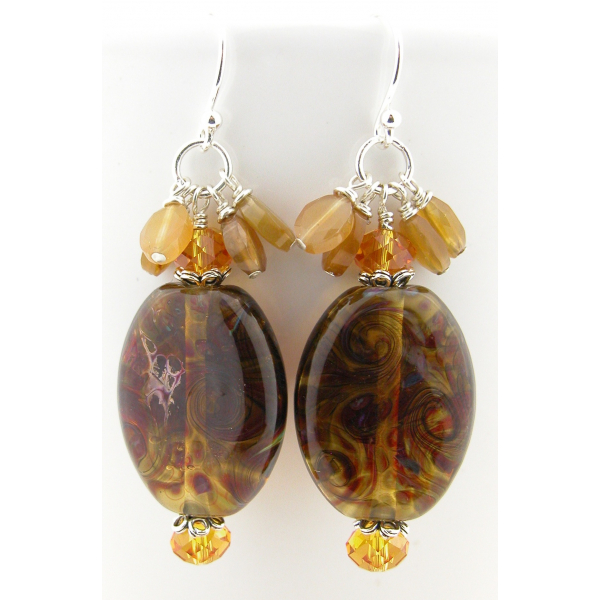 Artisan made topaz lampwork earrings Swarovski crystals wood agate sterling