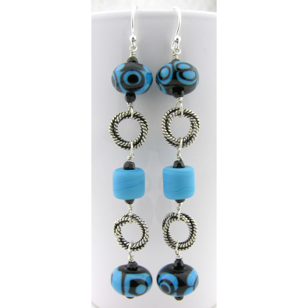 Handmade turquoise black lampwork earrings with Swarovski sterling