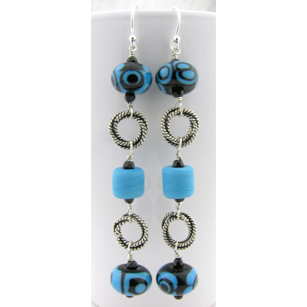 Handmade turquoise black lampwork earrings with Swarovski sterling