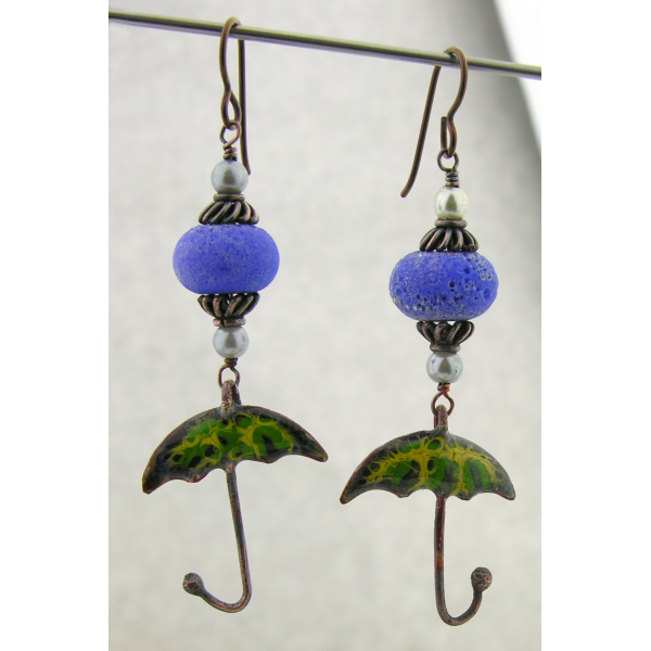 Handmade yellow, green enamel umbrella earrings with blue lampwork glass, copper