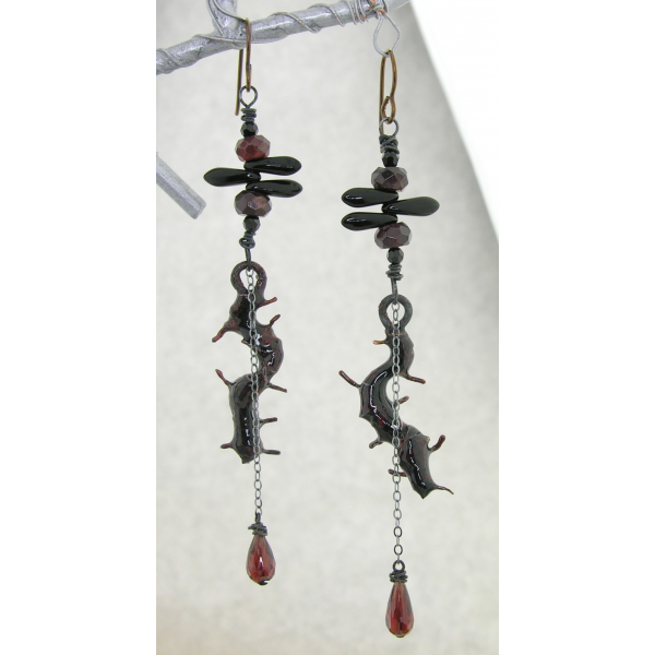 Artisan made red black barbed spike vine garnet teardrop goth