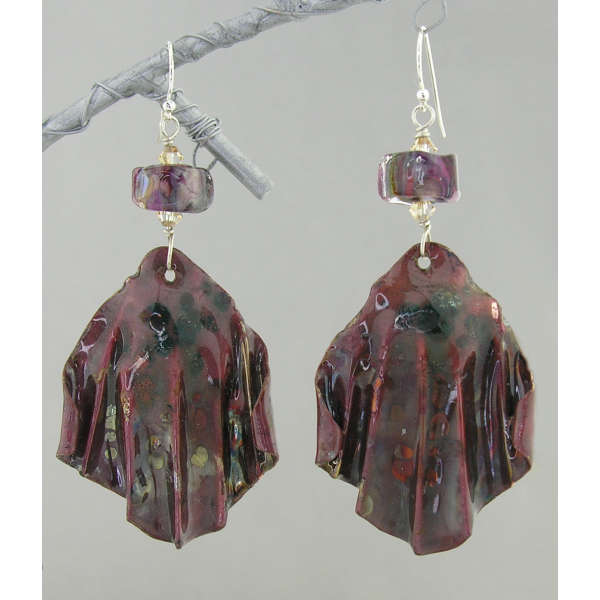 Artisan made organic fold formed copper lampwork red blue raku earrings