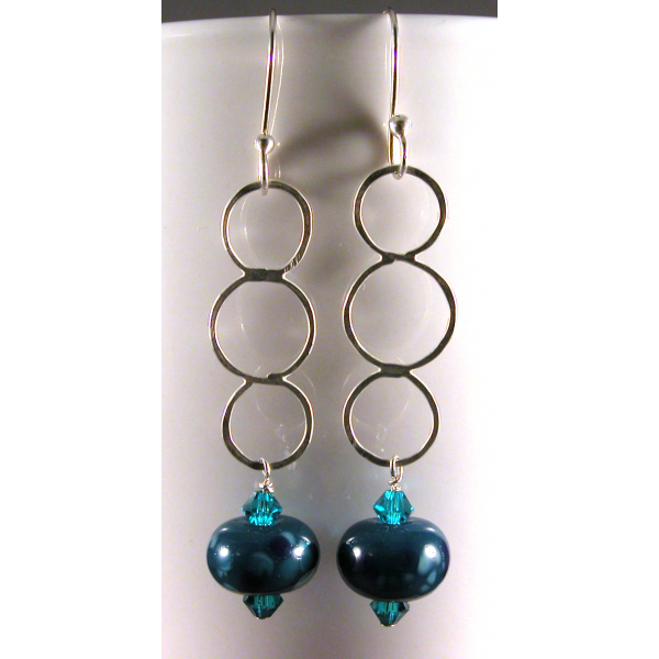 3 Ring Peacock Earrings - blue teal lampwork sterling silver circles