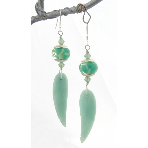 Handmade aqua earrings lampwork amazonite leaves sterling