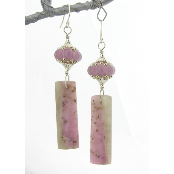 Handmade pink, gray earrings with lampwork, tourmaline in quartz, sterling