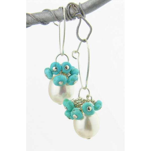 Artisan made sterling earrings with white pearls and sleeping beauty turquoise