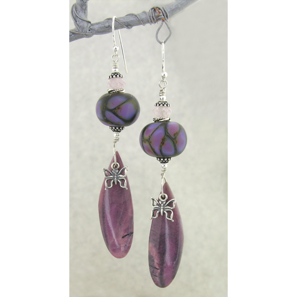 Handmade pink, purple earrings with lampwork, rhodonite, morganite, sterling