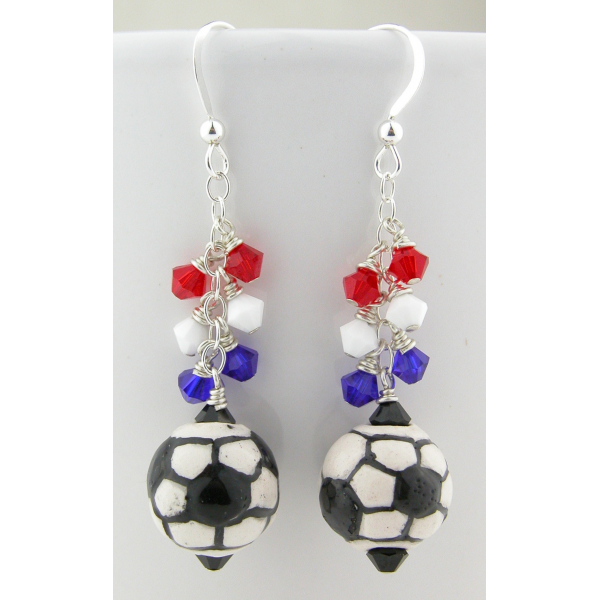 Handmade soccer earrings red white blue usa france futbal sterling