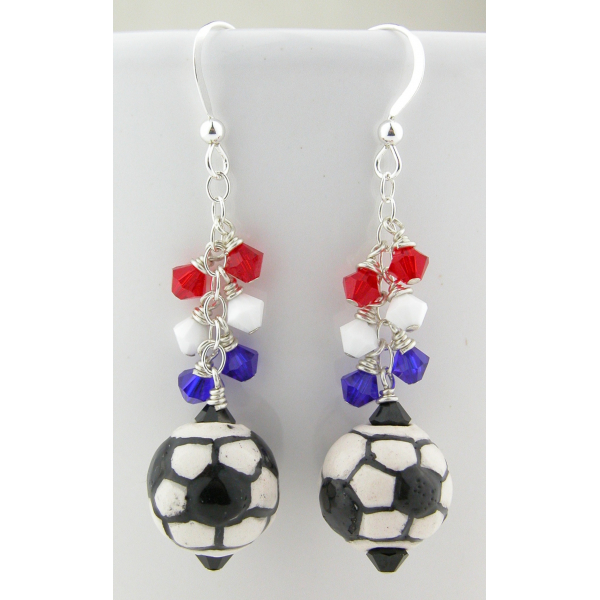 Handmade soccer earrings red white blue usa france futbal sterling