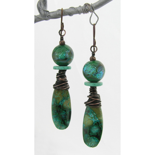 Artisan made teal earrings shattuckite turquoise dichroic glass copper