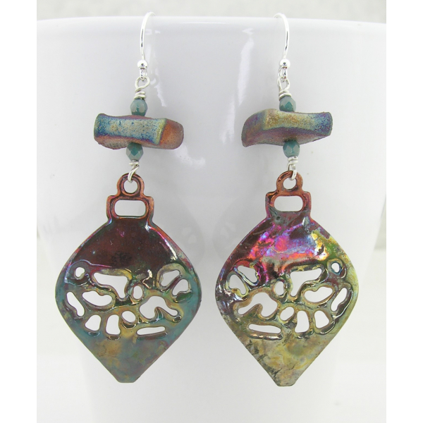 Artisan made raku copper ornament and pottery dangle earrings