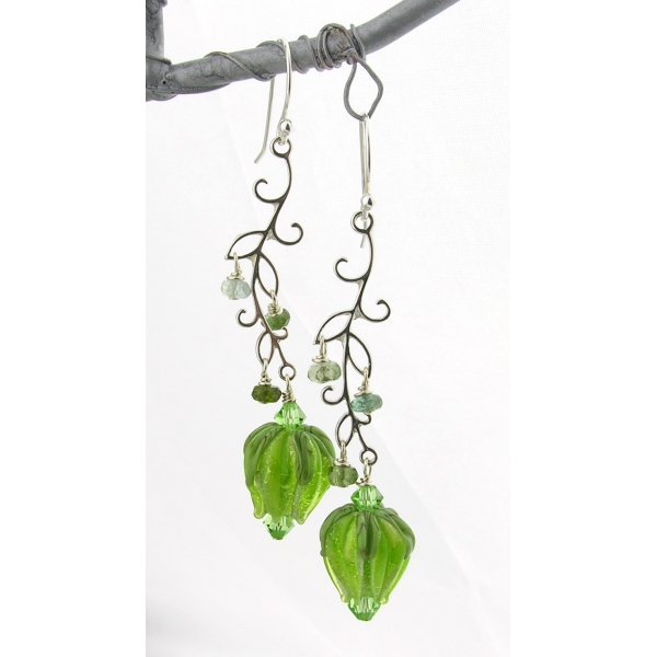 Handmade earrings with bright green roses, tourmaline, sterling silver vines