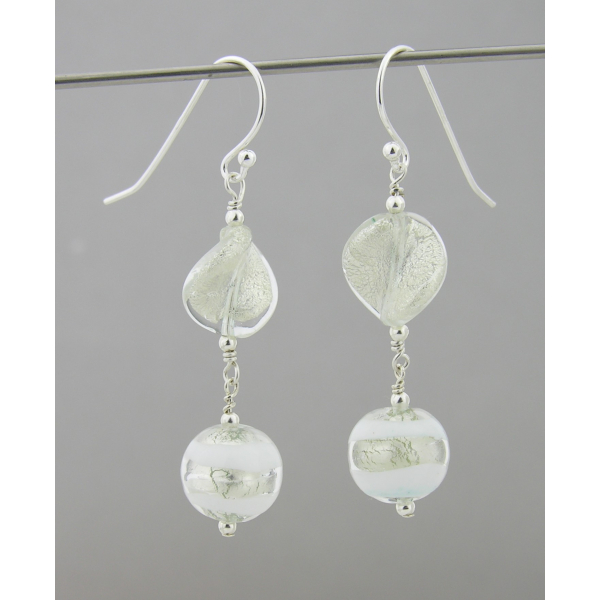 Snowy Sparkle Earrings - gold leaf white venetian glass sterling silver artisan