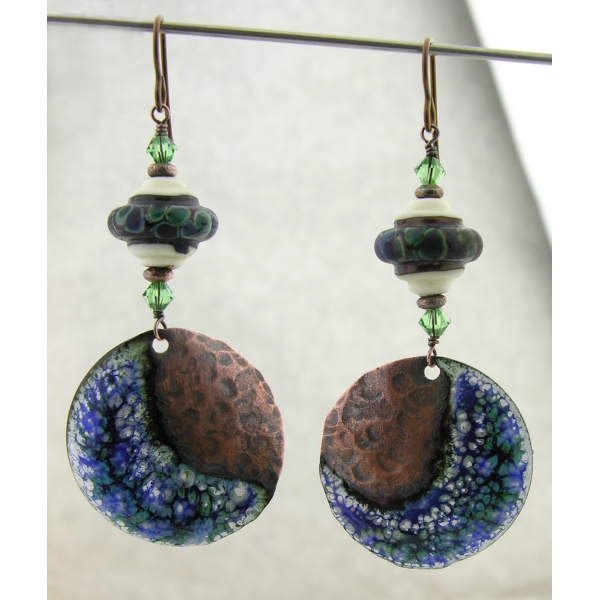 Artisan made blue green white organic enamel on copper earrings lampwork niobium
