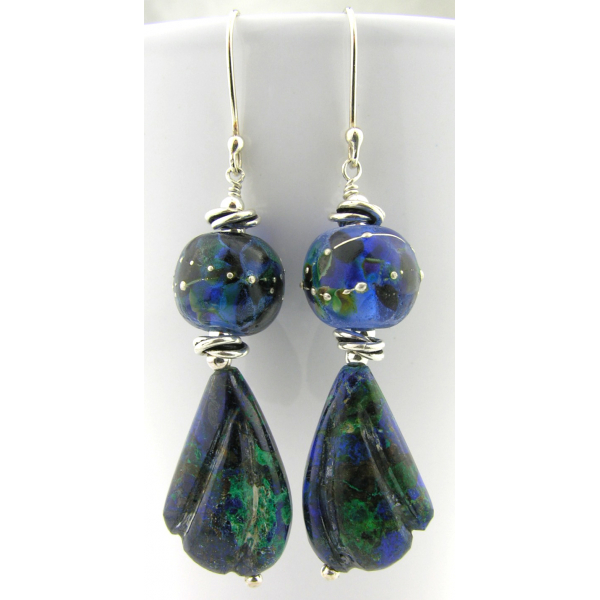 Handmade blue earrings with blue green lampwork glass, azurite wing, sterling