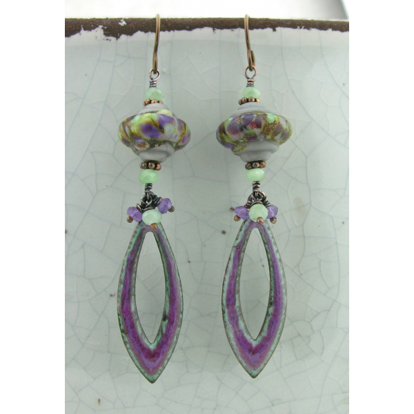 Green, purple enamel on copper, lampwork, amethyst, jade earrings copper