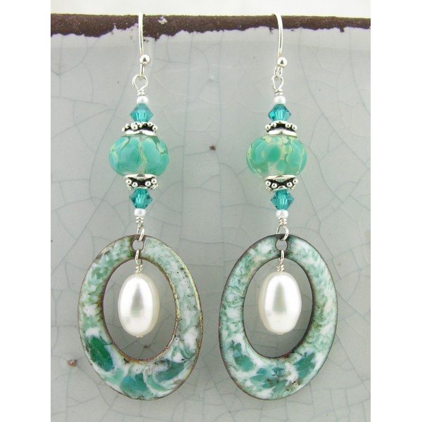 teal white aqua enamel on copper oval, lampwork pearls earrings