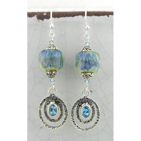 Teal, aqua, green earrings with lampwork glass, blue topaz sterling silver