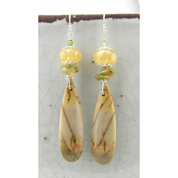 Handmade yellow green earrings with lampwork, red creek jasper, garnet, sterling