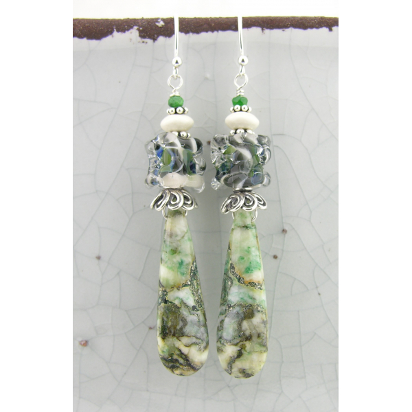 California Dreaming Earrings with mariposite, artisan lampwork, tsavorite, green