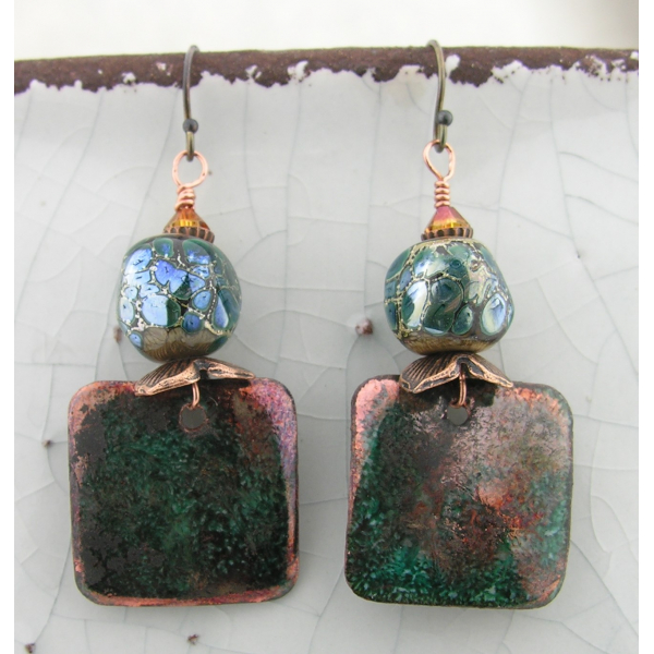 Artisan made teal, blue raku copper squares and lampwork nugget earrings