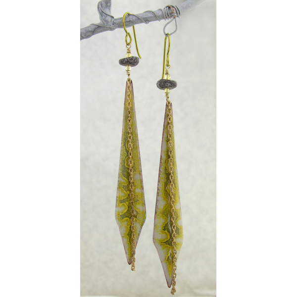 Handmade yellow gray earrings enamel brass citrine dinosaur bone niobium