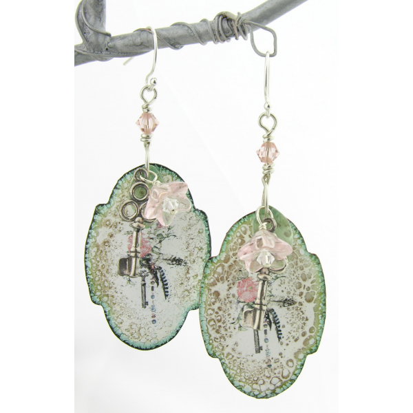 pink green bouquet on ivory beige enamel on copper, boho earrings sterling