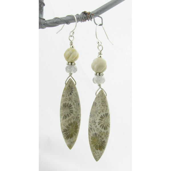 Hand made ivory grey fossil coral quartz river stone sterling earrings