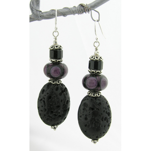 Artisan purple black earrings with lampwork glass, lava, tourmaline, sterling