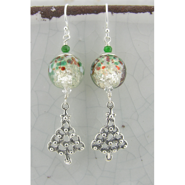 Handmade red green Christmas earrings with lampwork sterling tree tsavorite