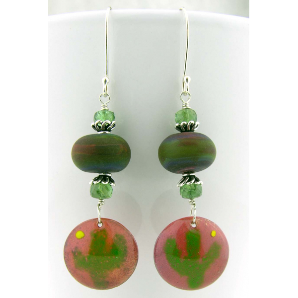 green cactus enamel on copper, boho earrings with lampwork tsavorite sterling