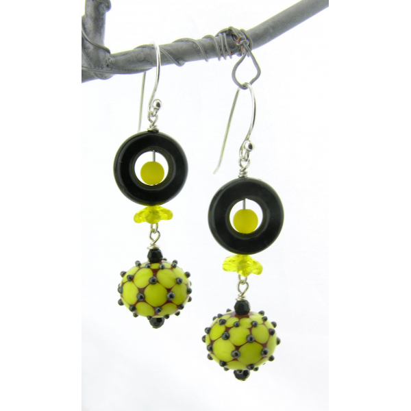 Hand made yellow black earrings dotted lampwork glass, onyx, sterling