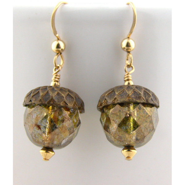 Handmade earrings with golden Czech glass acorn gold fill fall autumn
