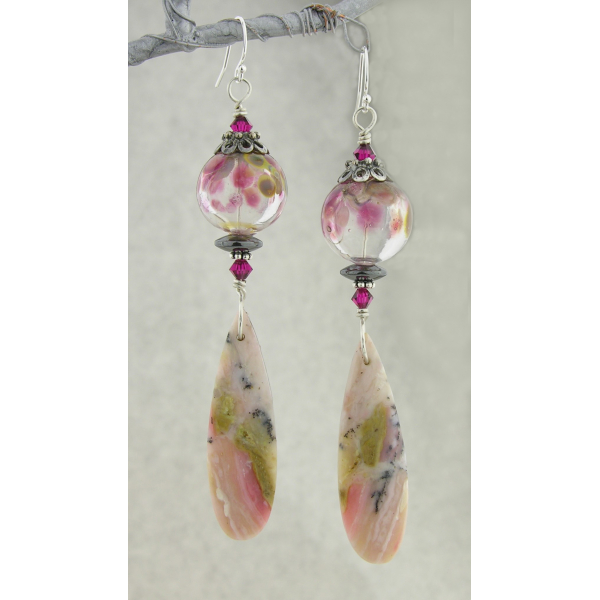 Handmade pink beige black earrings with lampwork, pink opal hematite sterling