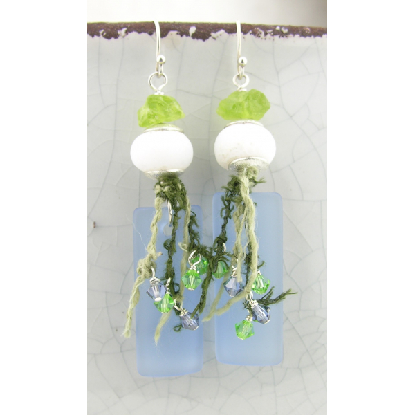 blue white green lampwork peridot sea glass earrings