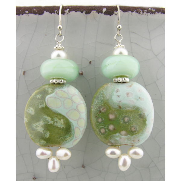 Artisan made light green white turquoise ceramic pearl earrings sterling