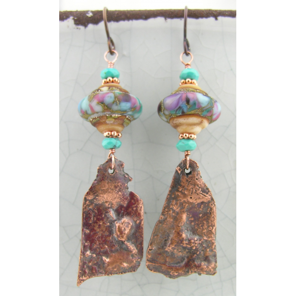 Artisan made reticulated copper drops, lampwork and turquoise earrings