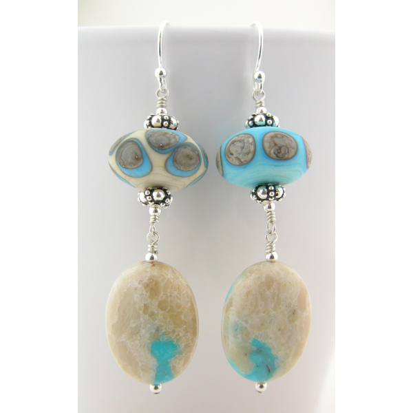 Hand made ivory white turquoise dotted lampwork glass ribbon turquoise sterling
