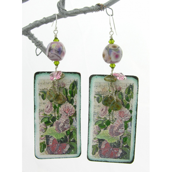 pink roses bouquet on ivory beige enamel on copper, lampwork, vintage earrings