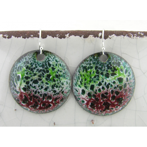Artisan made red green white enamel on copper disks earrings in sterling silver