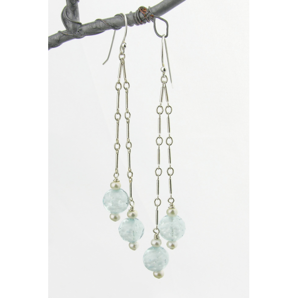 Artisan aqua white & silver earrings with Venetian glass beads freshwater pearls