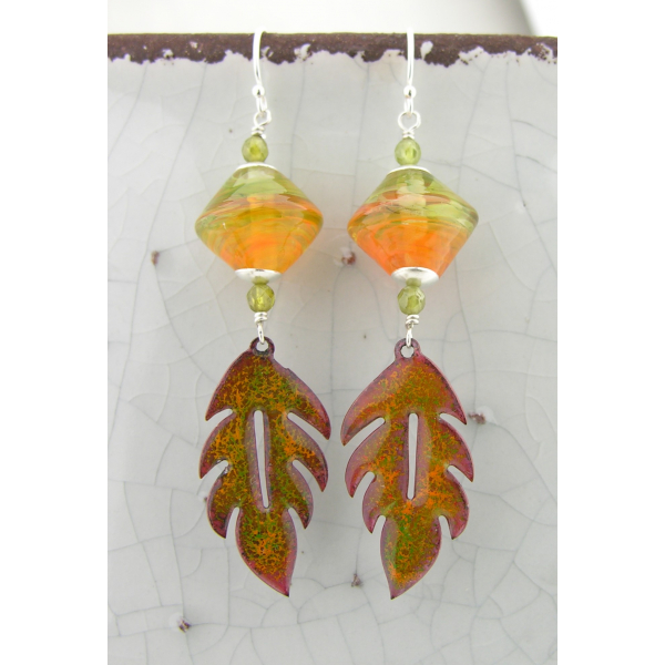 Handmade artisan autumn earrings with orange green ename leaves sterling glass
