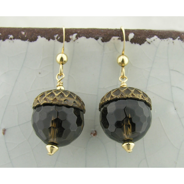 Handmade earrings with faceted smoky quartz acorn gold fill fall autumn