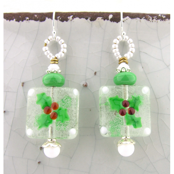 artisan red, white, green lampwork with holly leaves earrings sterling silver