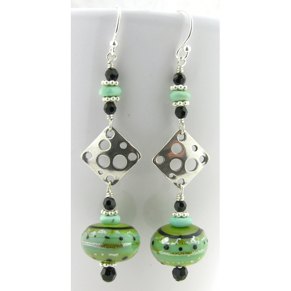 Artisan made lime black earrings with handmade lampwork glass turquoise sterling