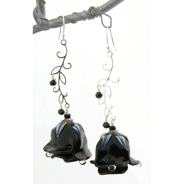 Handmade earrings with black glass roses, black spinel, sterling silver vines