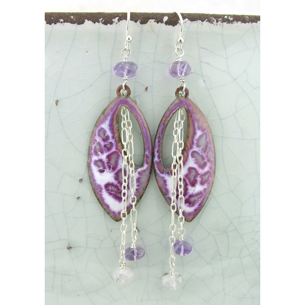 Purple, white enamel on copper drop earrings, amethyst and quartz chain dangles