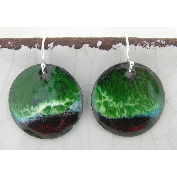 Artisan made red green white enamel on copper disks earrings in sterling silver