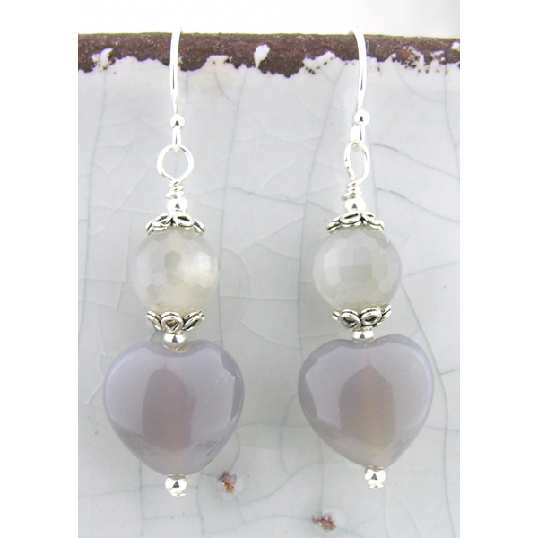 Handmade artisan earrings chalcedony heart grey quartz sterling silver